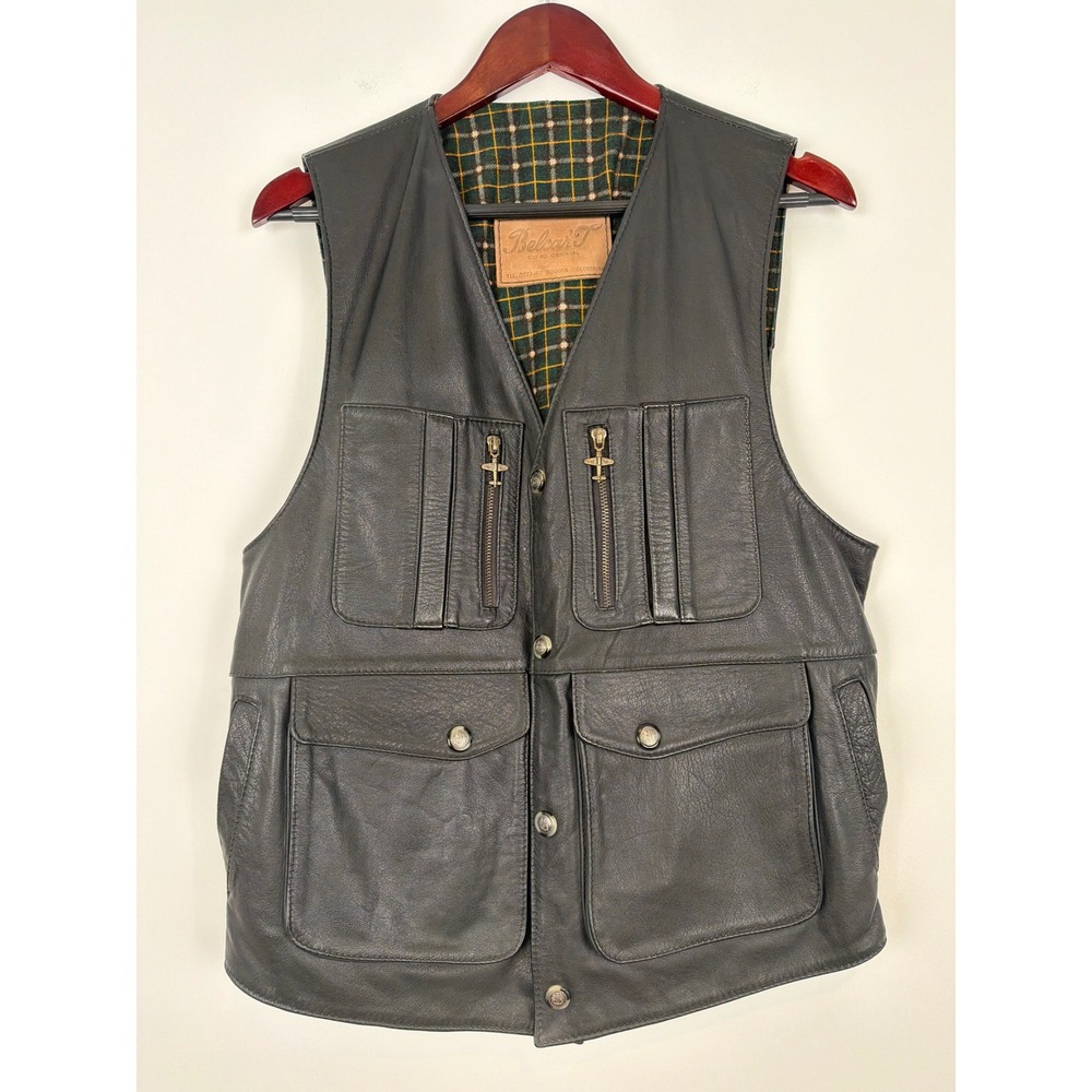 Belcar'T Vintage Leather Biker Vest Mens Black Flannel Lined Utility Hunting